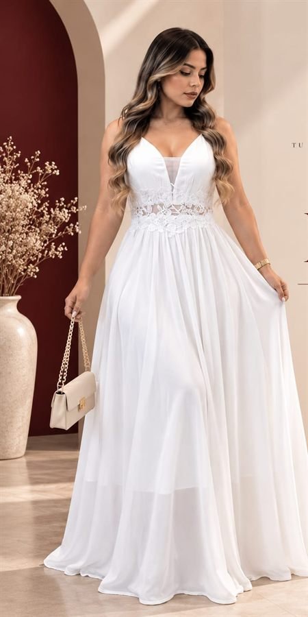 Vestido largo blanco con encaje